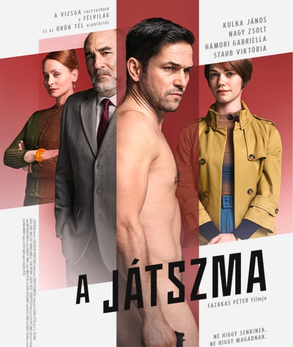 Movie poster for 'A JÁTSZMA' featuring four characters, one shirtless man holding a gun, an older man in a suit, a woman in a yellow trench coat, and a woman with red hair and a green sweater, with Hungarian text and a red background.