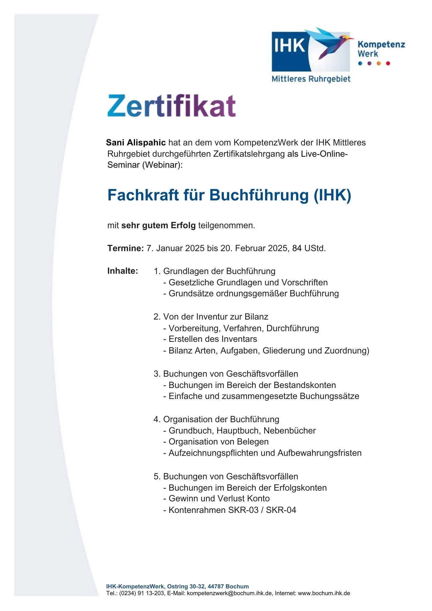IHK-Zertifikat von Gaws Sani Buchhaltungsservice – geprüfte Qualifikation im Bereich Buchhaltung