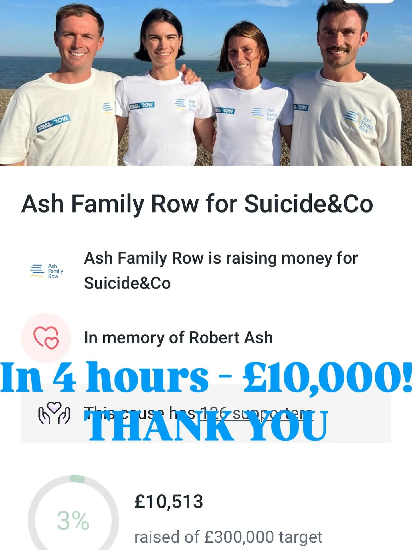 This is happening! In 4 hours, through your generosity, we&rsquo;ve raised &pound;10,000. That&rsquo;s epic. Thank you all so much. Please shout about this challenge. For Dad. For everyone bereaved by suicide 

#rowforrobert #ashfamilyrow #worldstoug