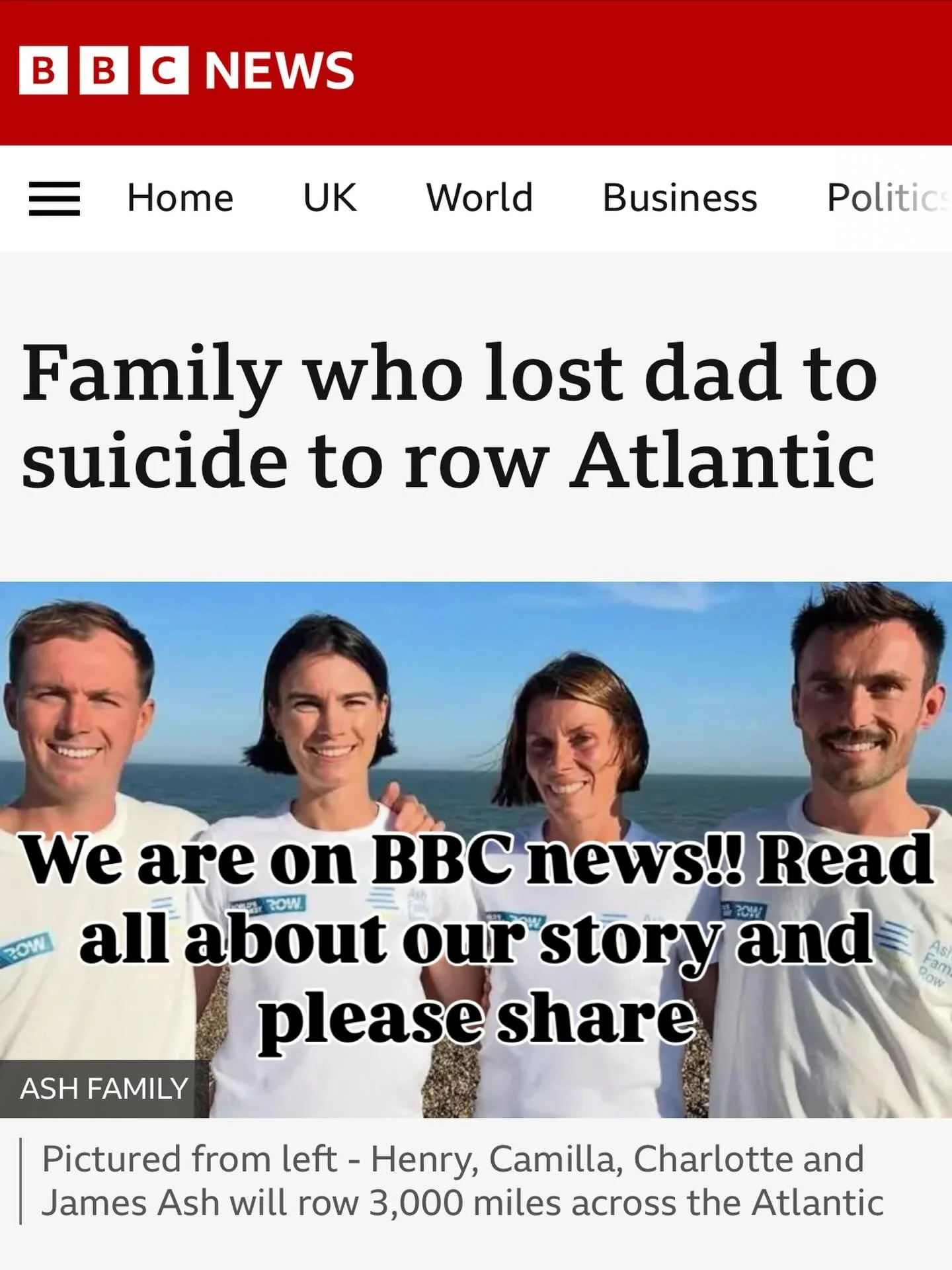 We are honoured to feature on @bbcnews website! Read all about our story, our challenge, the charity. Please share this far and wide 

 https://www.bbc.co.uk/news/articles/cqxy8xz37w4o.amp 

#ashfamilyrow #worldstoughestrow #rowforrobert #suicideandc
