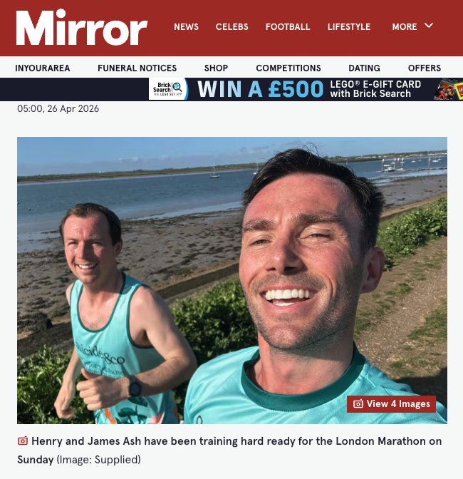 Ash Family Row is featured in the Mirror as boys run the London Marathon 2026