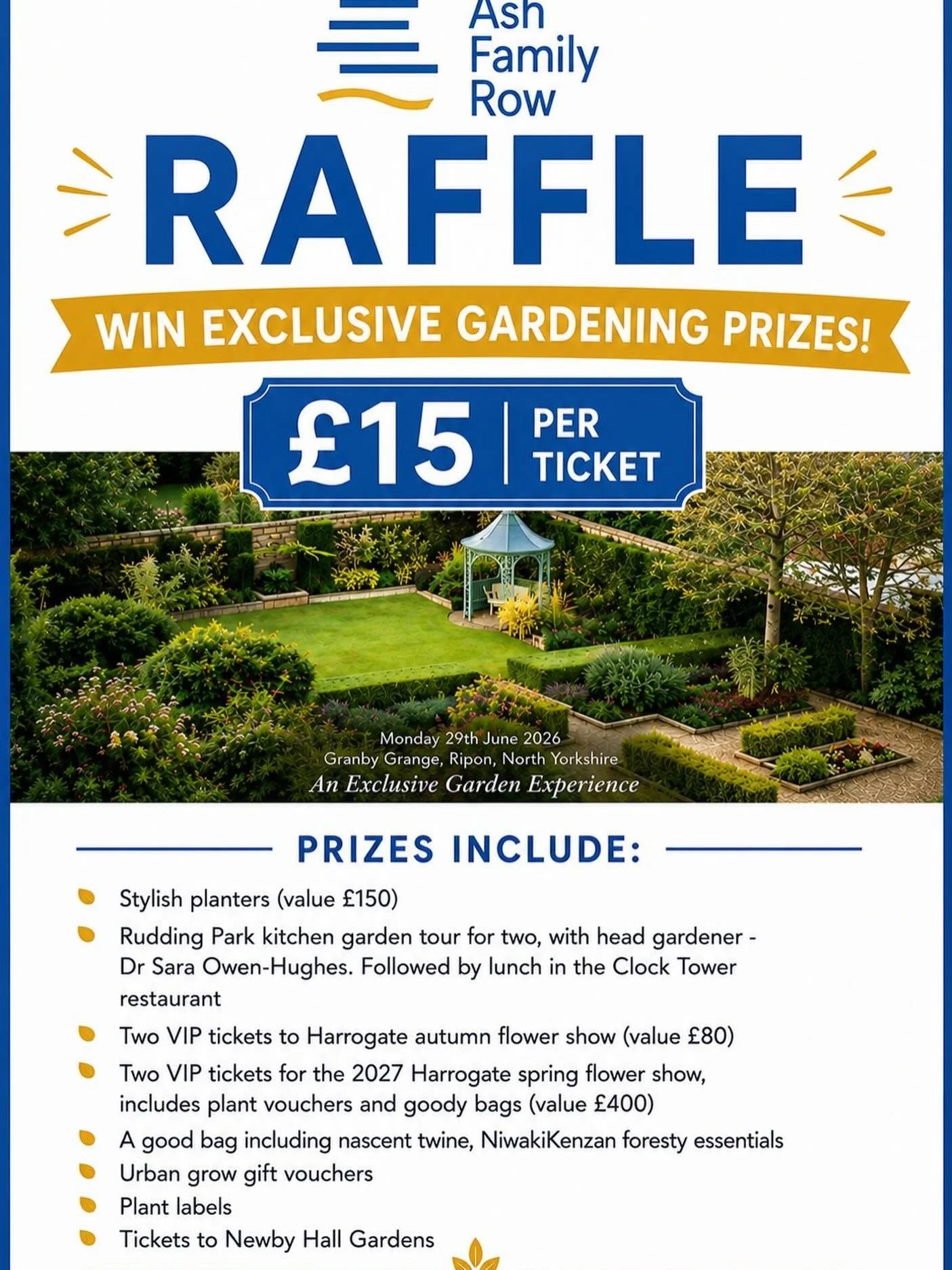 AMAZING RAFFLE!! It&rsquo;s summer, it&rsquo;s time to enjoy gardens. We&rsquo;ve got this incredible raffle in conjunction with our gardening day hosted on 29th June at Grantley Grange. CHECK OUT THOSE UNREAL PRIZES UP FOR GRABS!!

Enter the raffle 