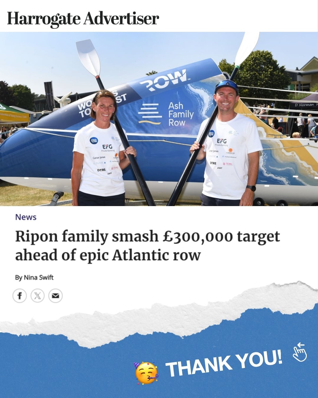 We've officially gone beyond our initial target of &pound;300,000 🎯

Thank you to everyone who's donated, shared, and supported us so far, and to the Harrogate Advertiser for telling our story 📰

#ashfamilyrow #rowforrobert #atlantic2027 #worldstou