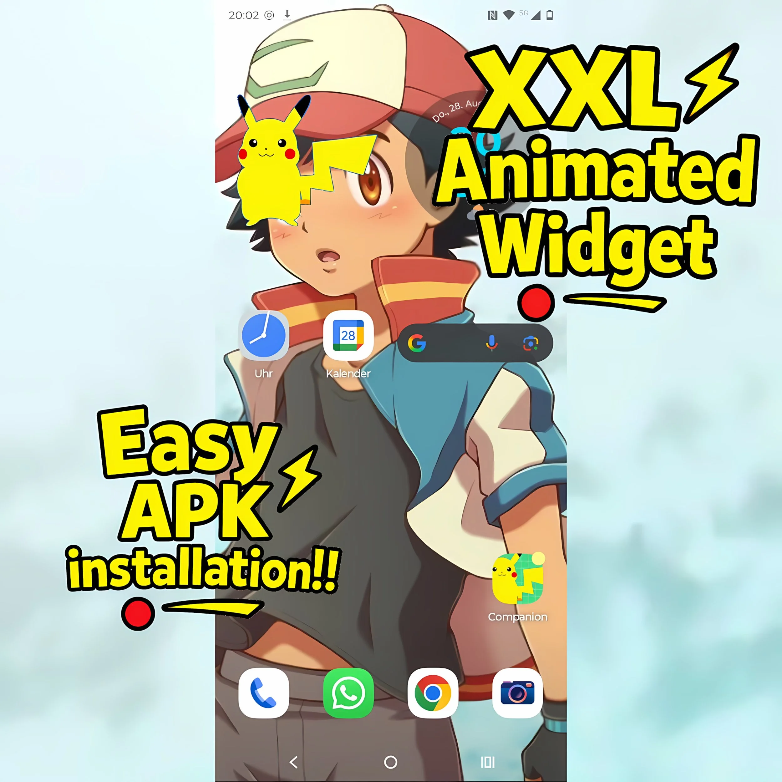 XXL animated widget of yellow pikachu on Android Phone easy APK installation