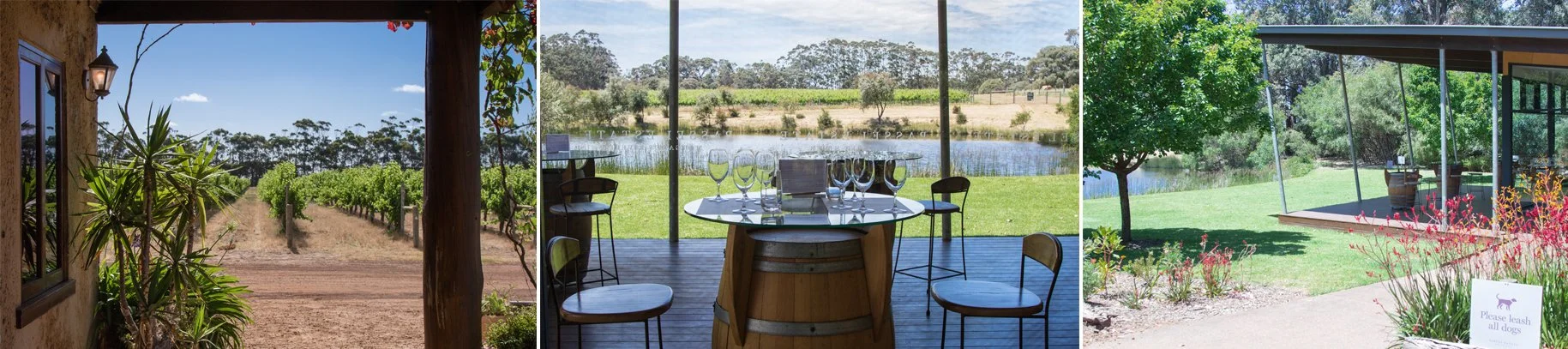Best Margaret River wineries featuring cellar door wine tasting areas with scenic vineyard and lake views