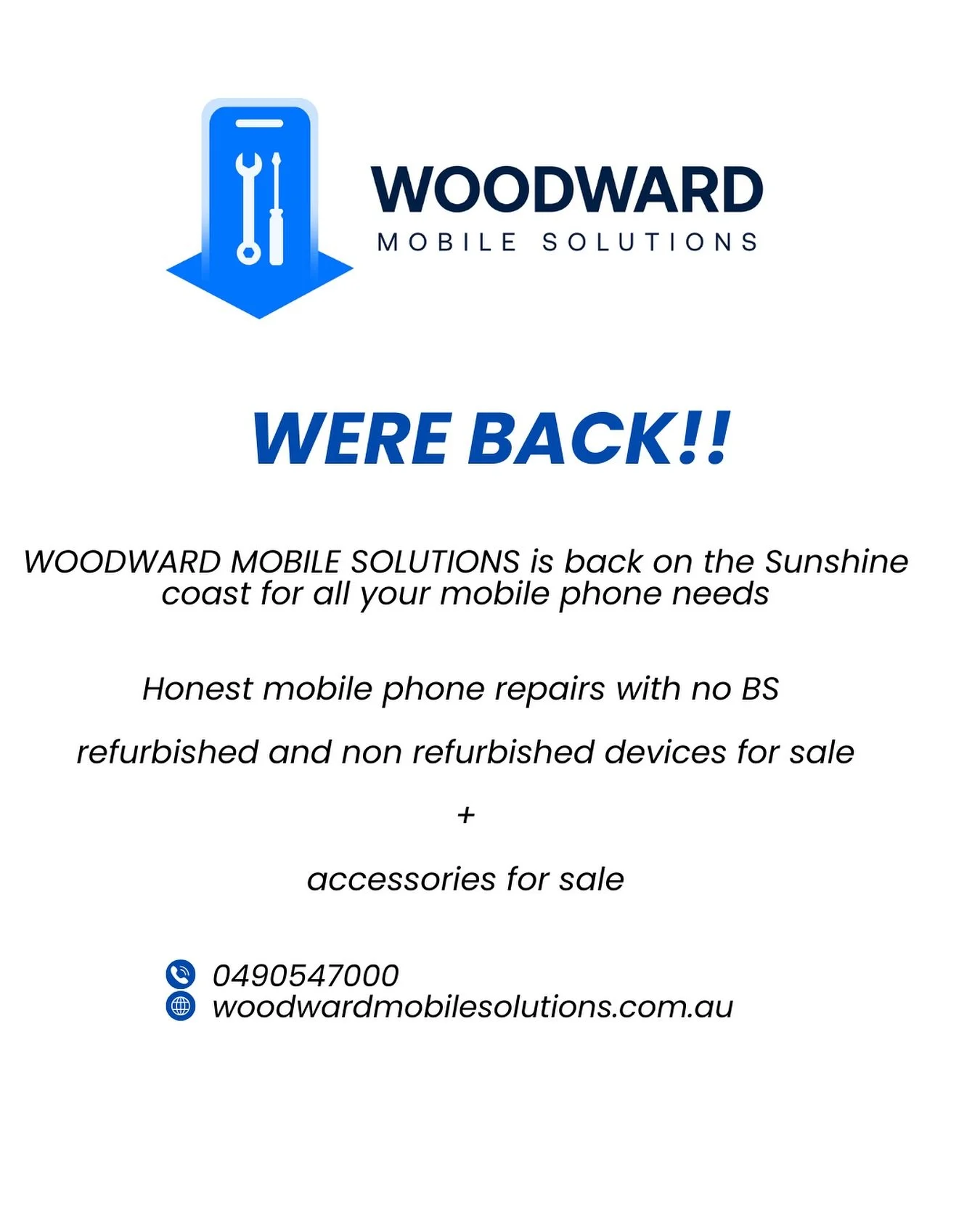 WE&rsquo;RE BACK 

We&rsquo;re officially back open for all your mobile phone needs right here on the sunny coast 🔥

Honest service, No BS.

DM to book or enquire 📲