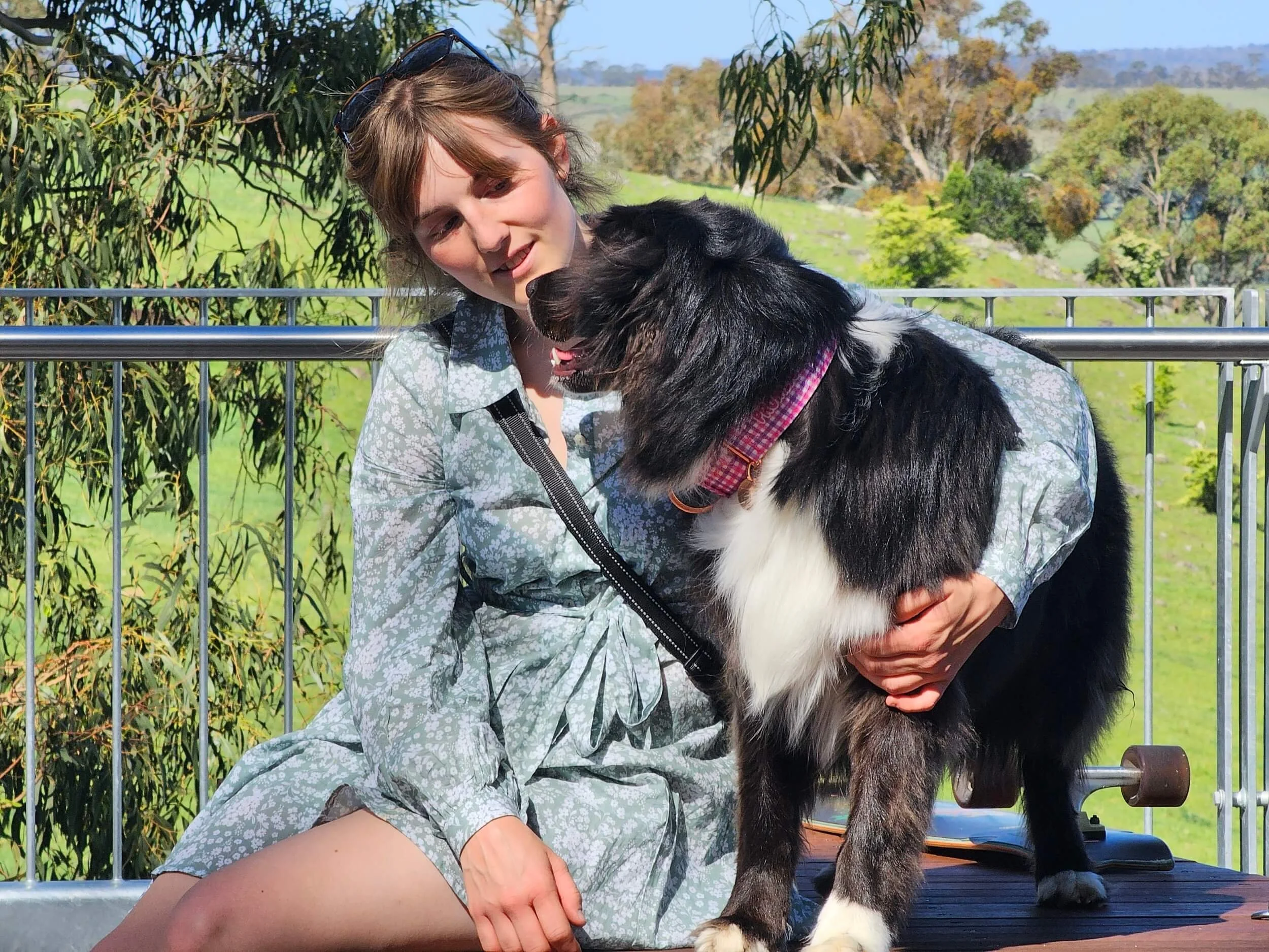 Alex in a floral dress sitting outdoors on a wooden bench with Fable (black and white Australian Shepherd) at a lookout. They are in a rural setting with green fields, river and trees in the background.