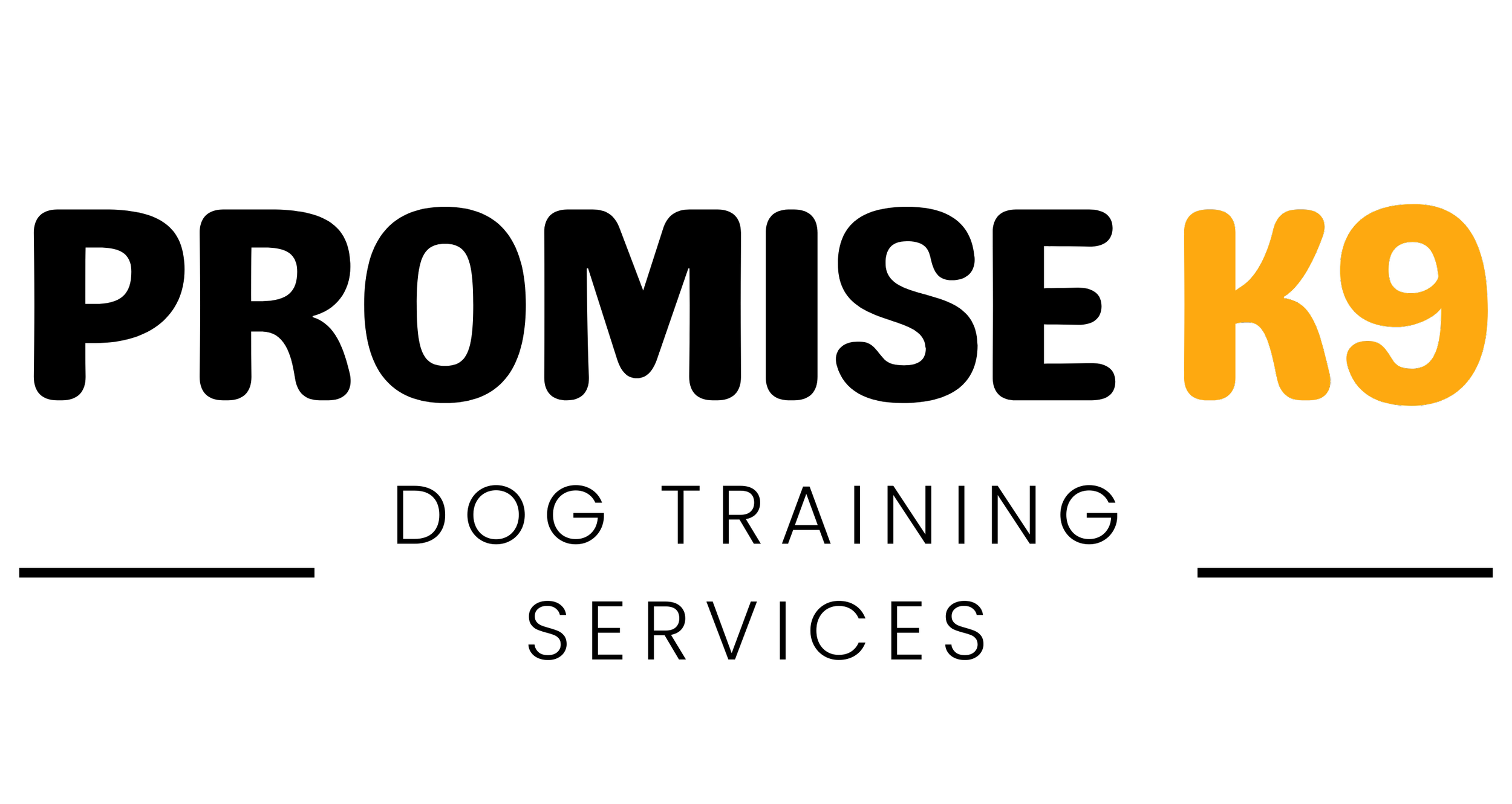 Graphic with the text 'Promise K9' in large capital letters (Genty Sans font) in black and gold on a white background. The words 'dog training services' in capital letters are underneath in fine black text.