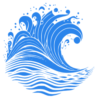 Stylized blue ocean wave with splashes and ripples.
