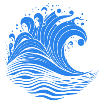 Stylized blue ocean wave with splashes and ripples.