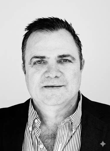 Black and white portrait of a man in a suit with a striped shirt.