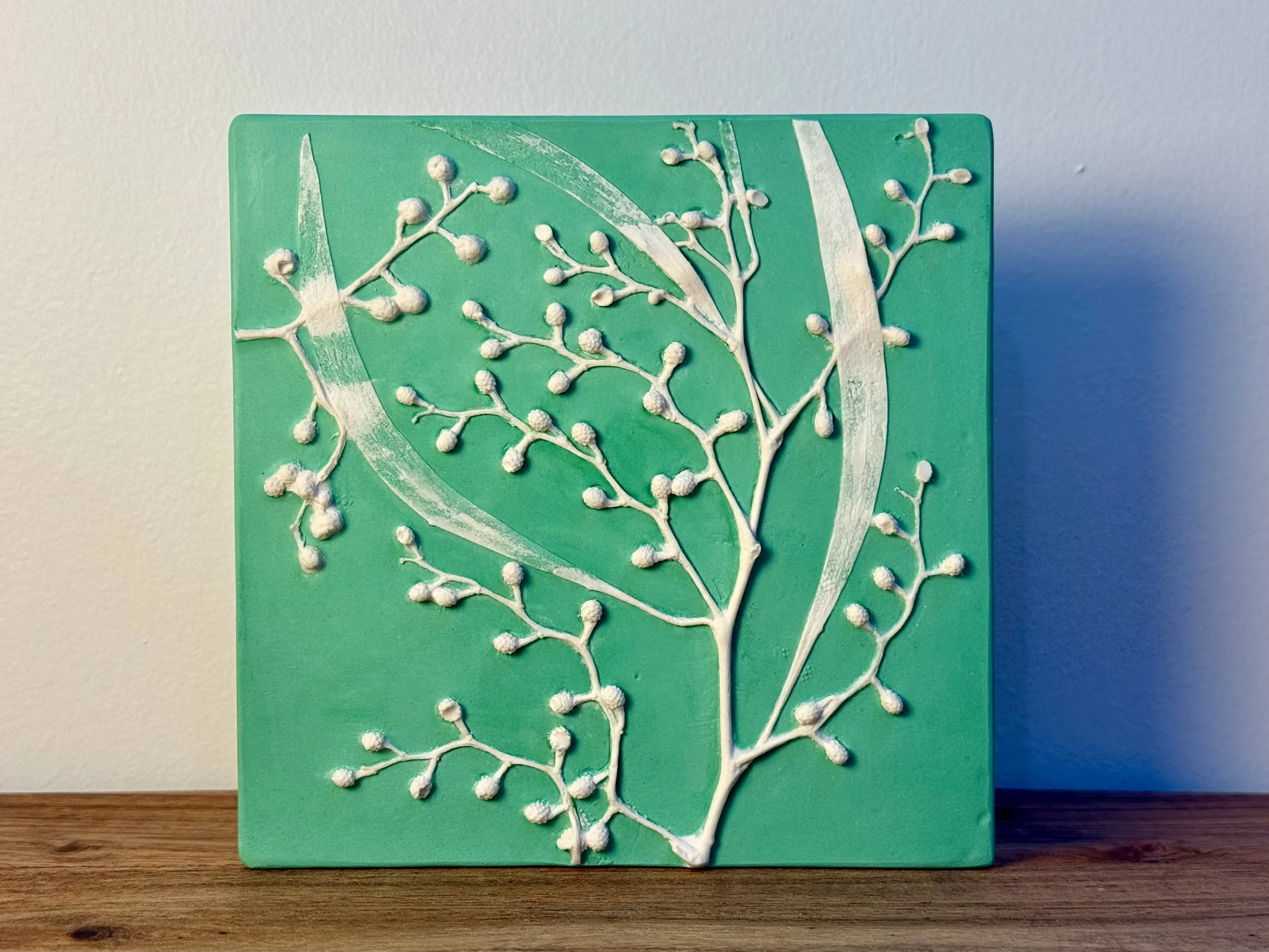 Wattle/Mimosa in white and green Wedgwood