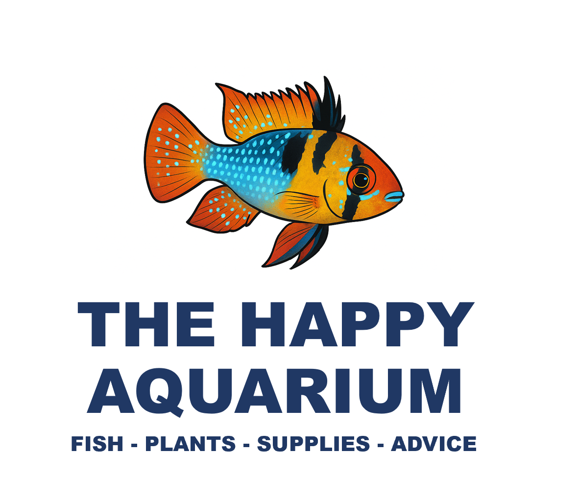 A colorful fish illustration above the text 'The Happy Aquarium' with smaller text 'Fish - Plants - Supplies - Advice'.