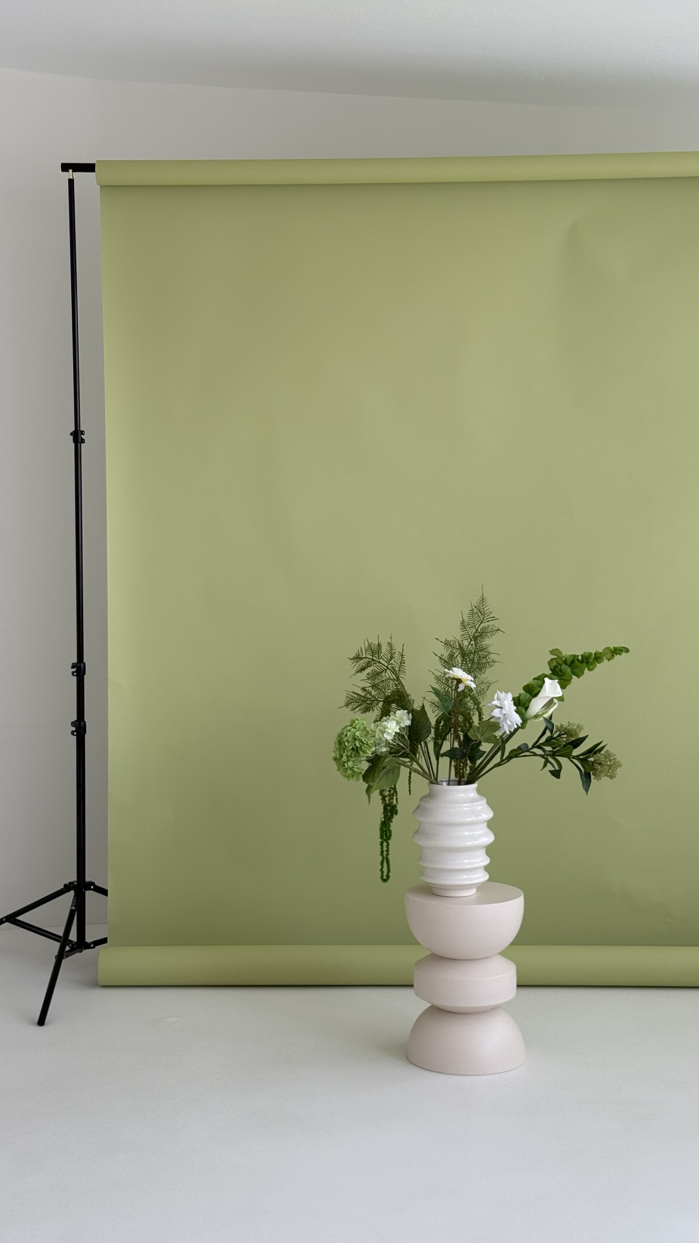 Salbeigrüner Studiohintergrund mit weißer Vase und Blumen im Tageslichtstudio wild:studios Stuttgart