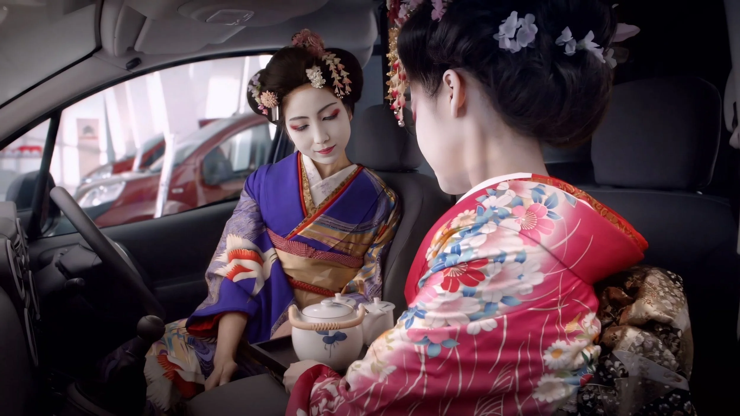 Two women wearing traditional Japanese kimonos sitting inside a car, with one woman offering tea to the other.