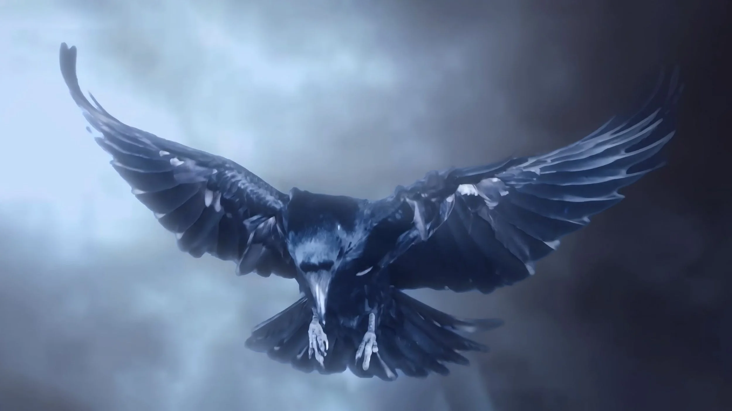 A dark-colored bird, possibly a raven or crow, flying with wings spread wide against a cloudy sky.