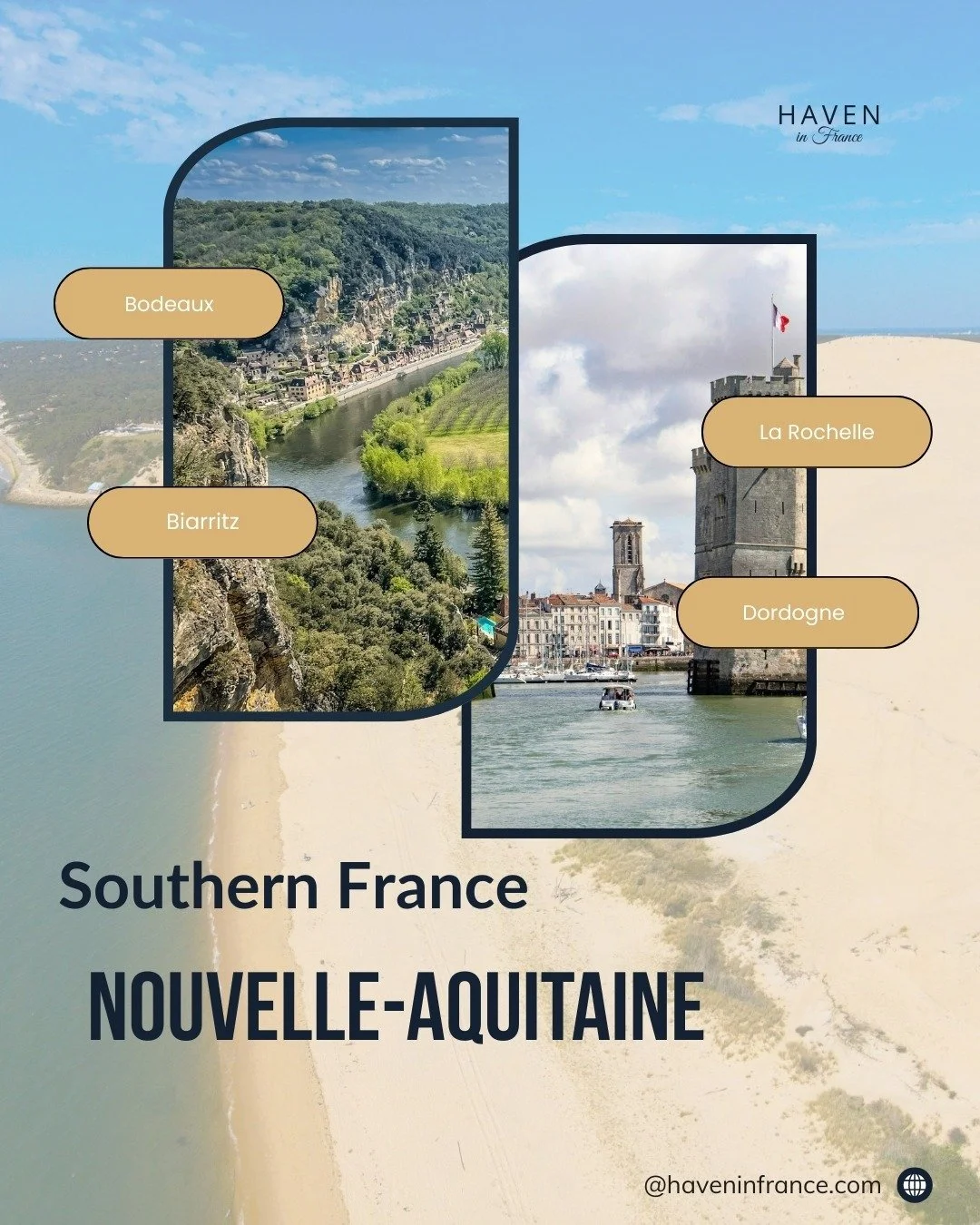 France's largest region stretches from Atlantic beaches to Pyr&eacute;n&eacute;es mountains and everything in between. 𝗡𝗼𝘂𝘃𝗲𝗹𝗹𝗲-𝗔𝗾𝘂𝗶𝘁𝗮𝗶𝗻𝗲 (New Aquitaine) is massive, one-seventh of the entire country, with 6 million people spread acr