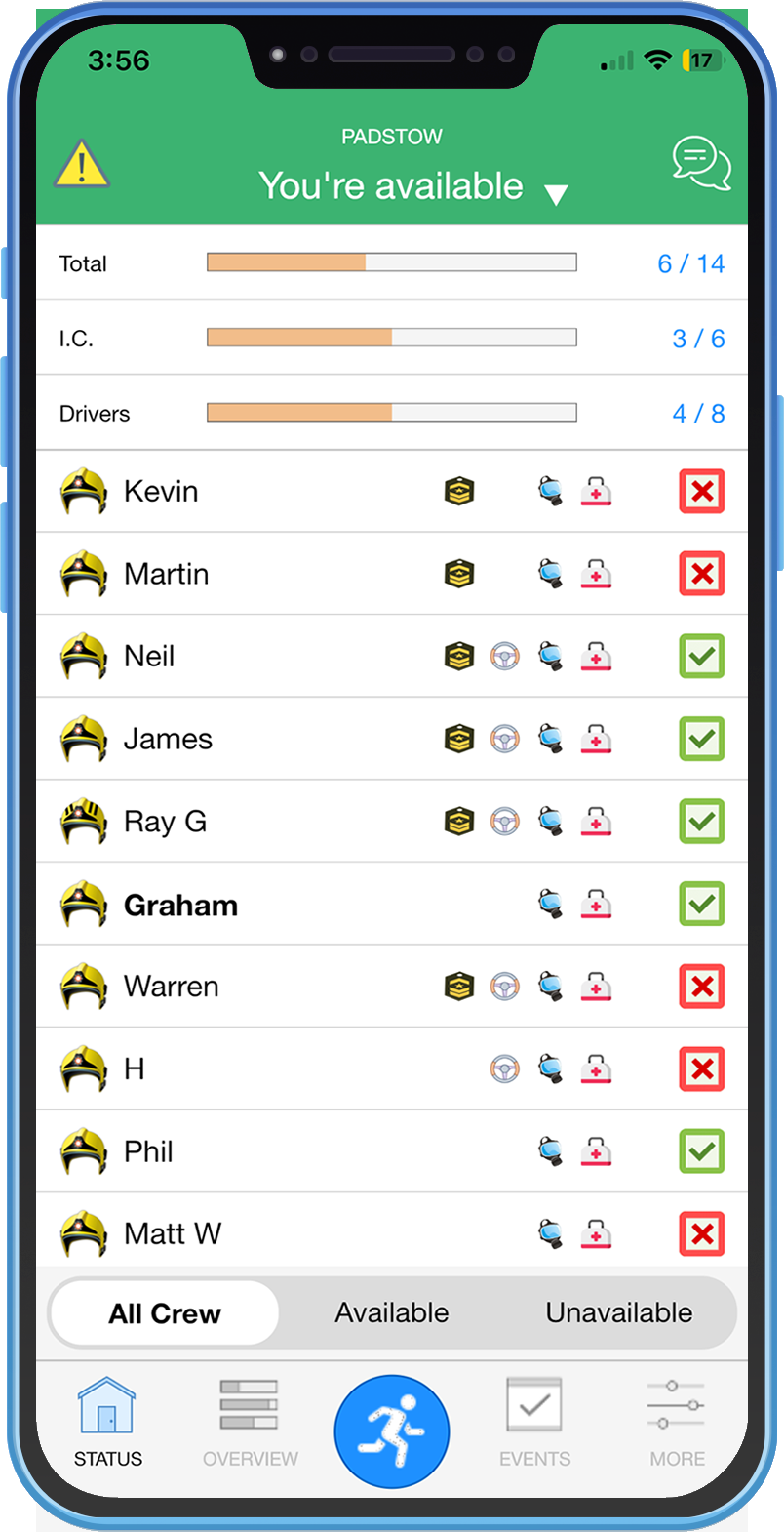 Mobile app screen showing a crew management interface with crew availability, icons, and status for team members.