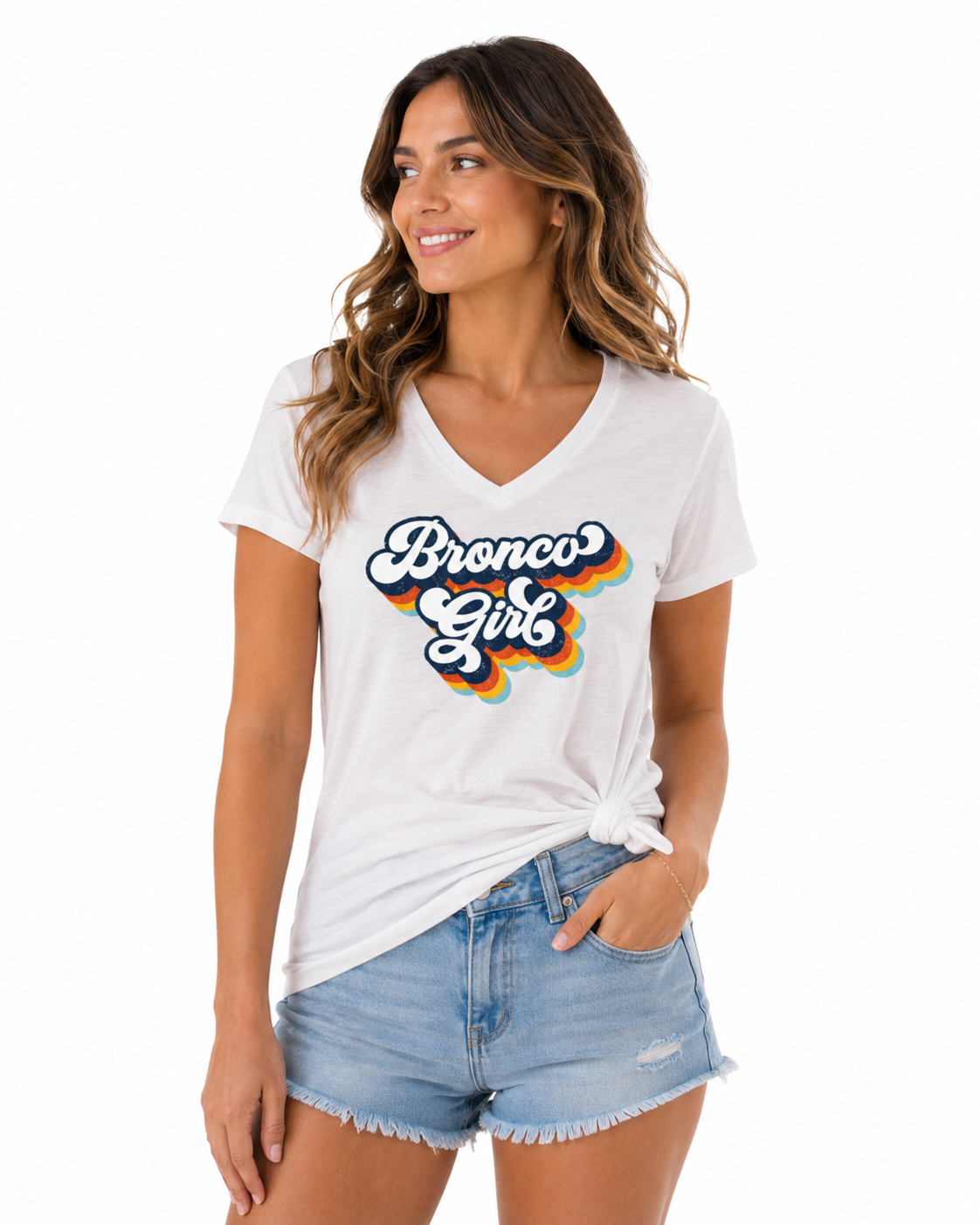 Women's Retro Bronco Girl  Cursive V-Neck Tee | White & Grey