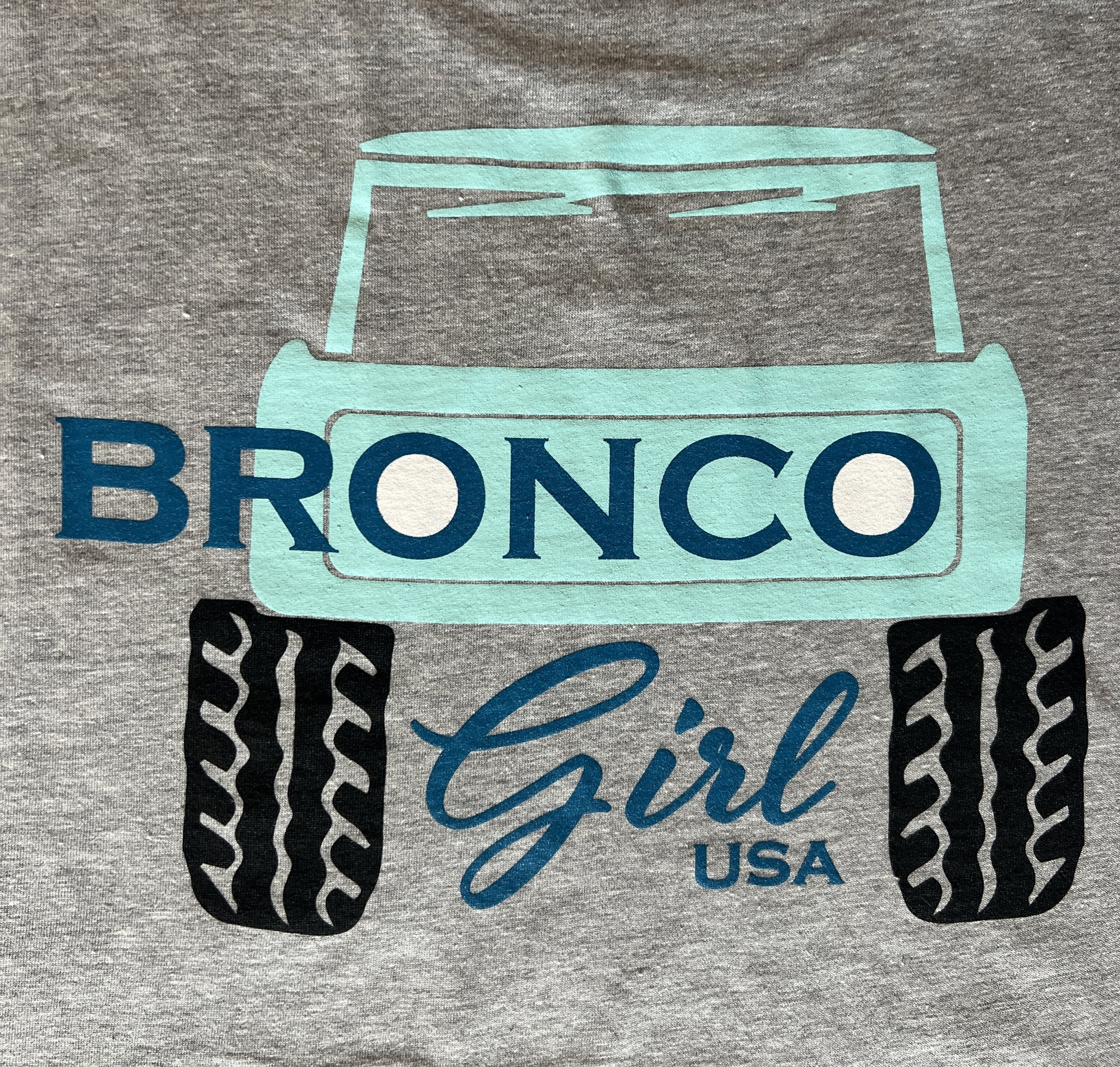 BG USA logo on back of athletic gray Bronco Girl T-shirt