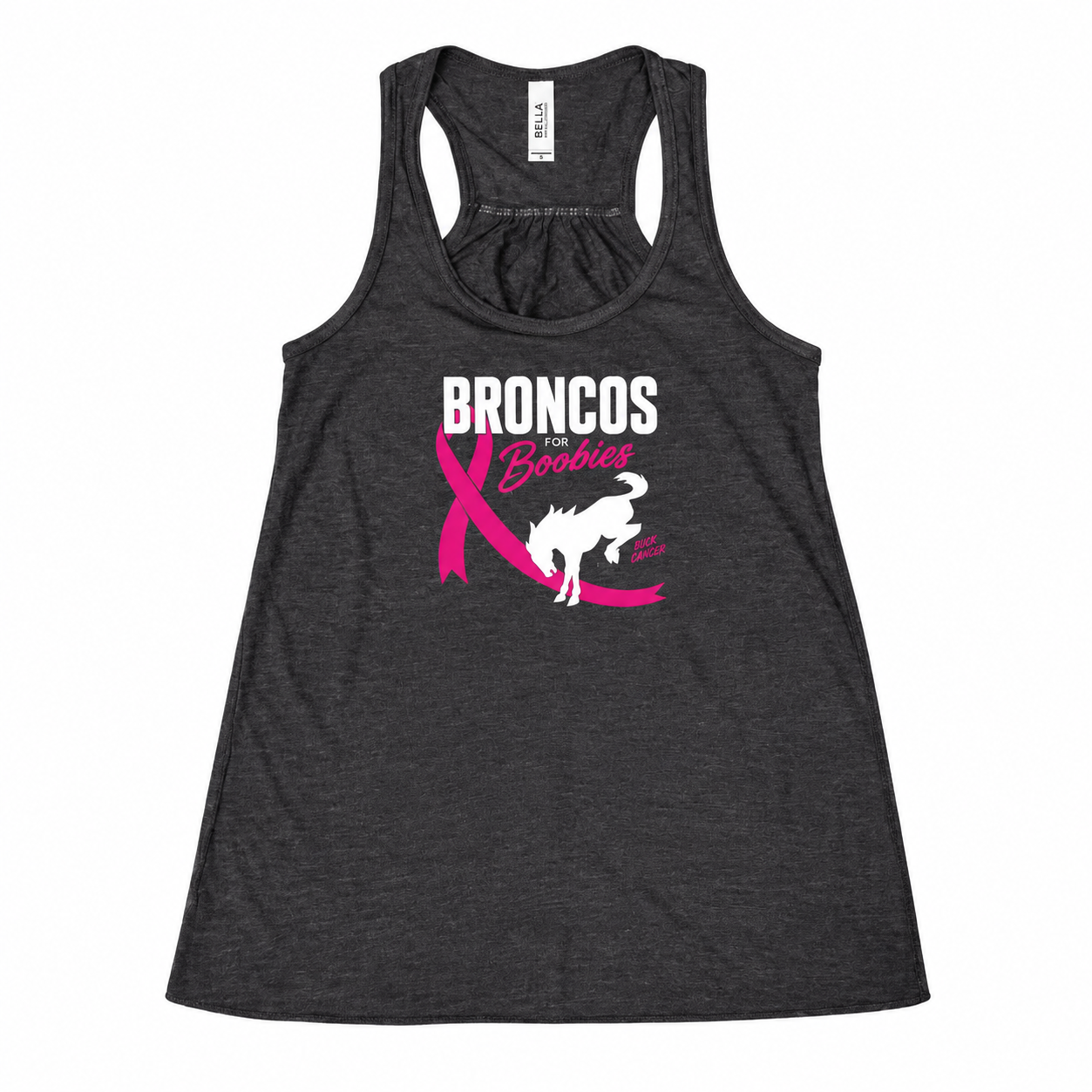 Charcoal women’s racerback tank with pink and white Broncos for Boobies Buck Cancer breast cancer awareness graphic