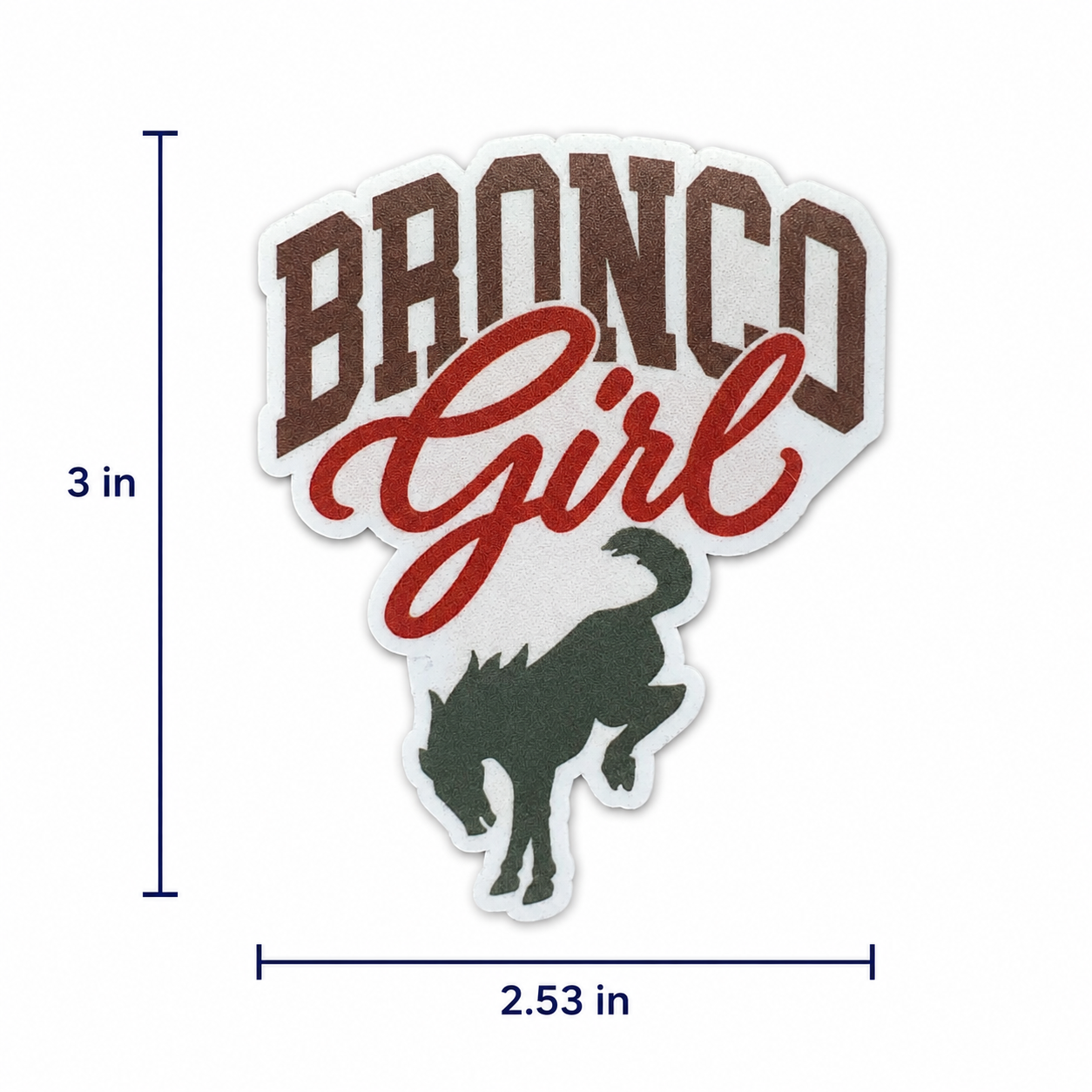 Bronco Girl Desert Sage vinyl sticker featuring taupe lettering, canyon coral script, and a sage green Bronco horse silhouette.