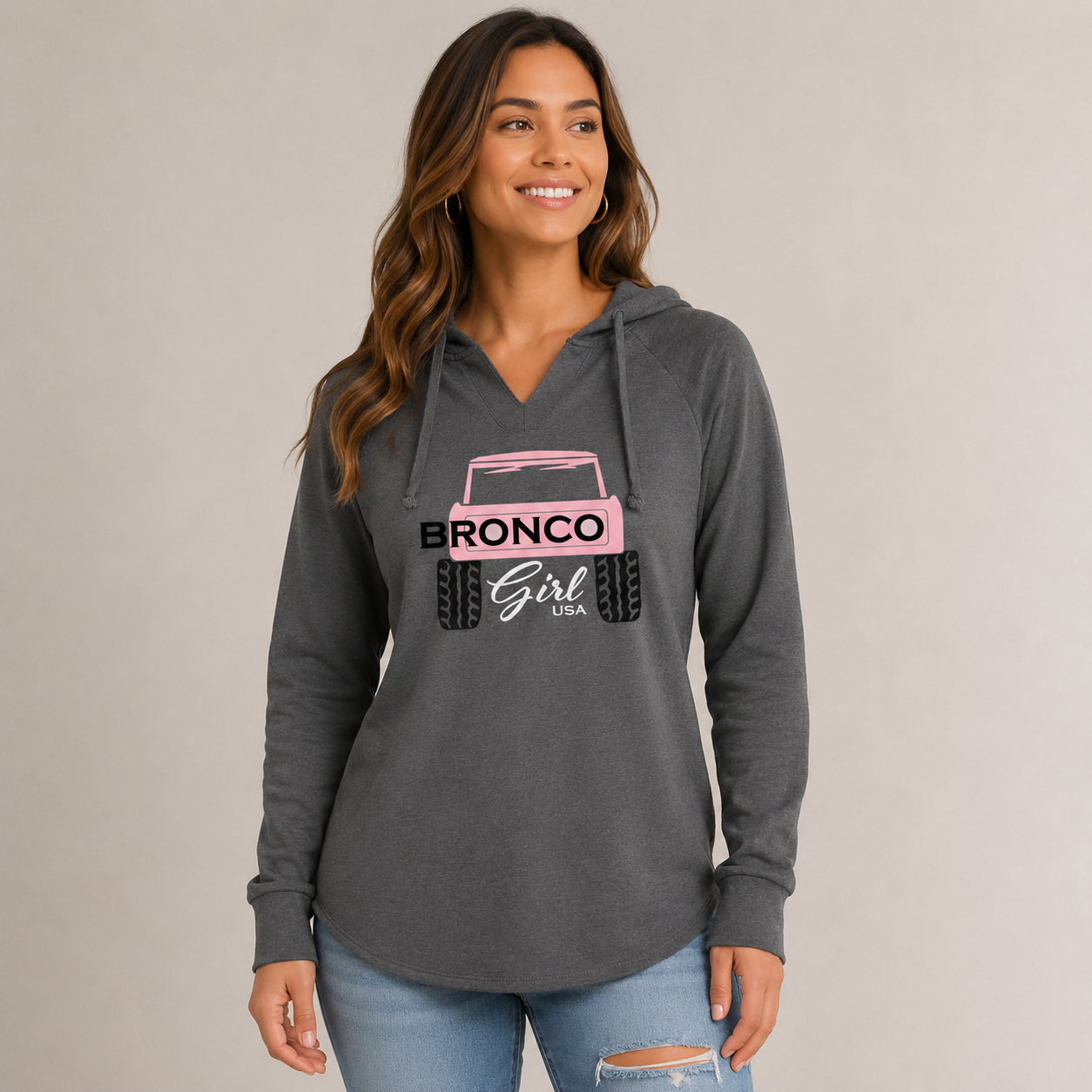 Pink Bronco Girl USA Graphic | California Wave Wash Hoodie | Shadow Grey