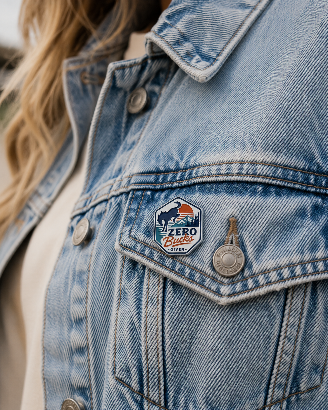 Zero Bucks Given soft enamel pin featuring a bucking horse, mountain landscape, and retro sunset design on jean jacket.