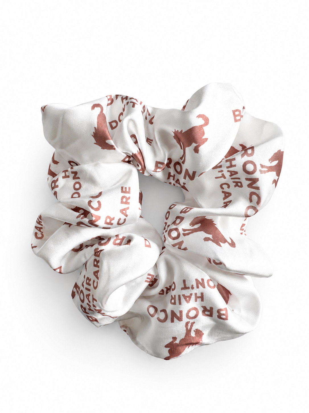 Women's ivory satin Bronco Hair Don't Care scrunchie with rose gold Bronco horse print.
