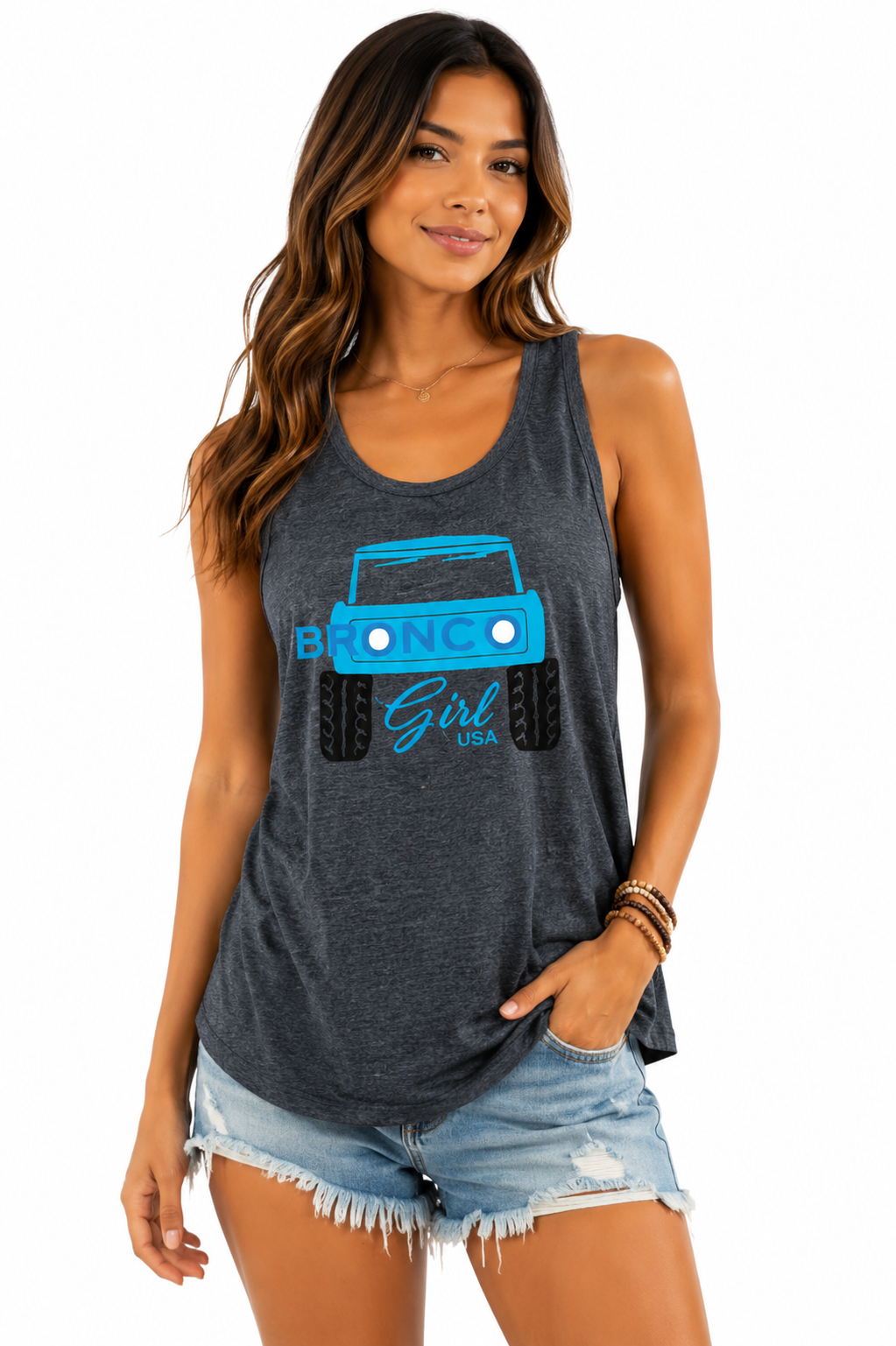 Bronco Girl USA Graphic | Women's Flowy Racerback Tank | Dark Grey Heather