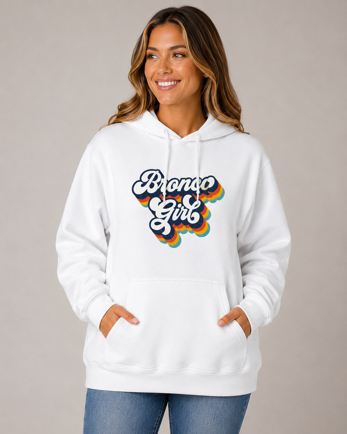 Bronco Girl Hoodie | White Retro Graphic Pullover (Gildan)