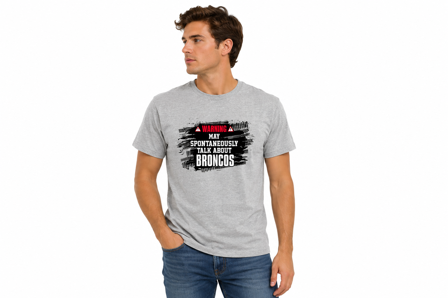 Warning: May Spontaneously Talk About Broncos Tee | Graphite Grey Gildan Crewneck