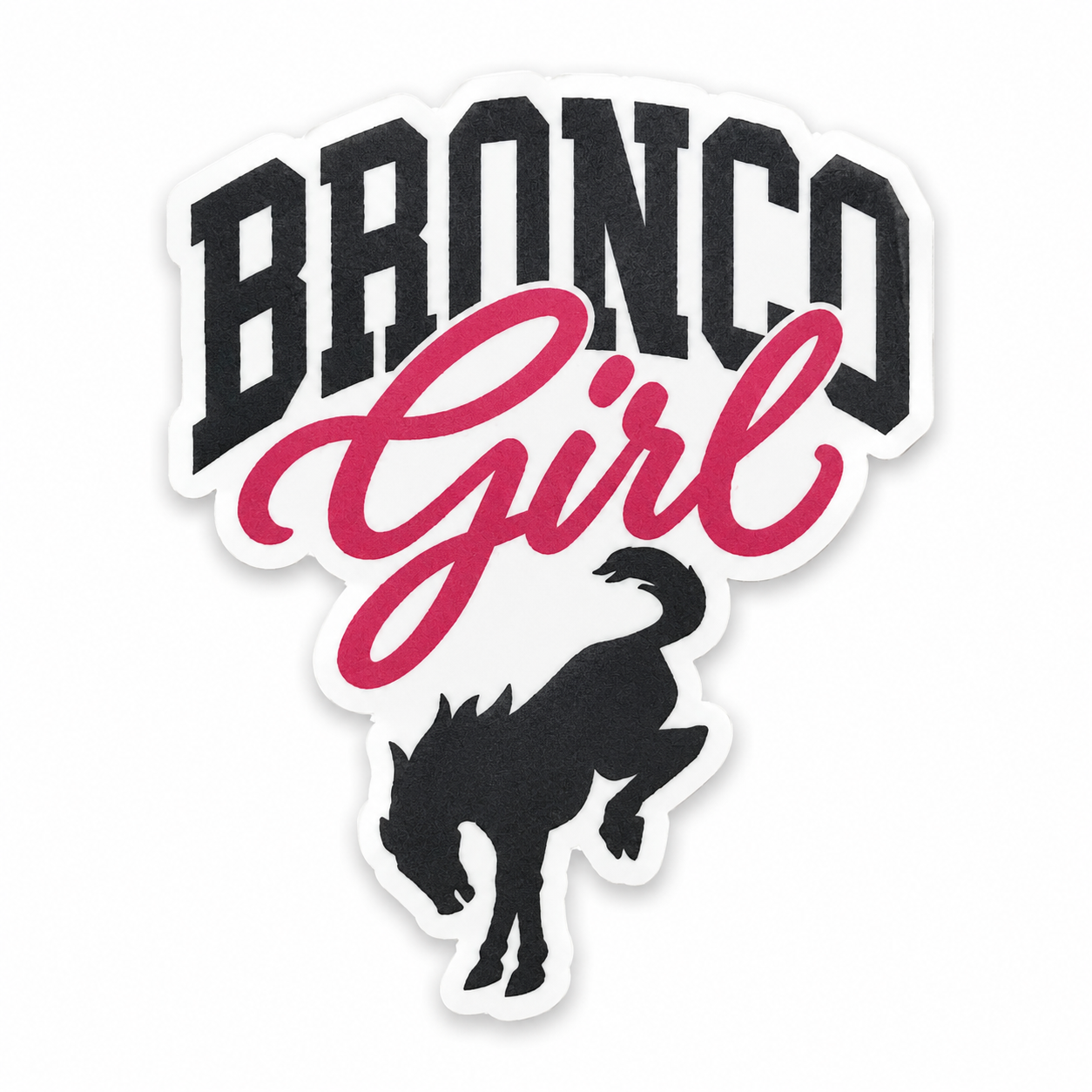Bronco Girl charcoal and dusty rose vinyl sticker featuring Bronco horse silhouette