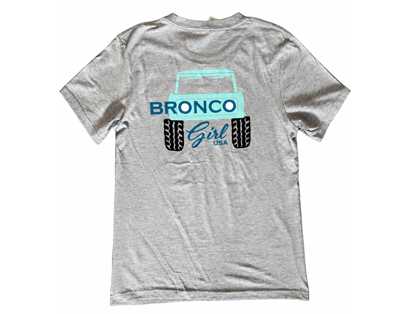 Athletic gray Bronco Girl USA T-shirt with aqua and blue Bronco Girl back graphic
