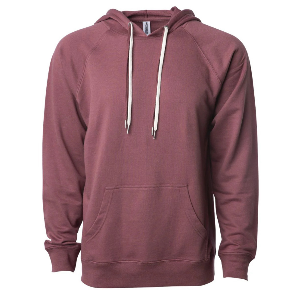Plain Front port-colored lightweight loopback terry hooded pullover