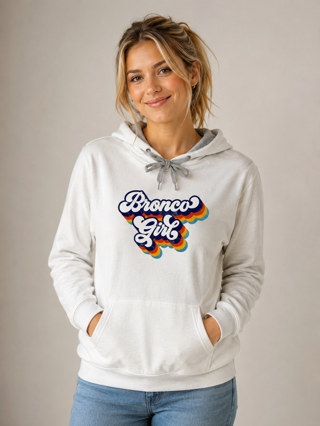 Retro Colorful Cursive Bronco Girl Hoodie | Next Level French Terry | White/Heather Grey