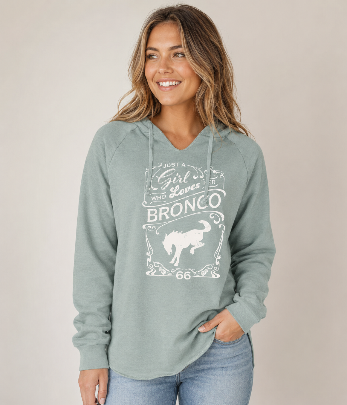 Just A Girl Who Loves Her Bronco | Sage California Wave Wash Hoodie