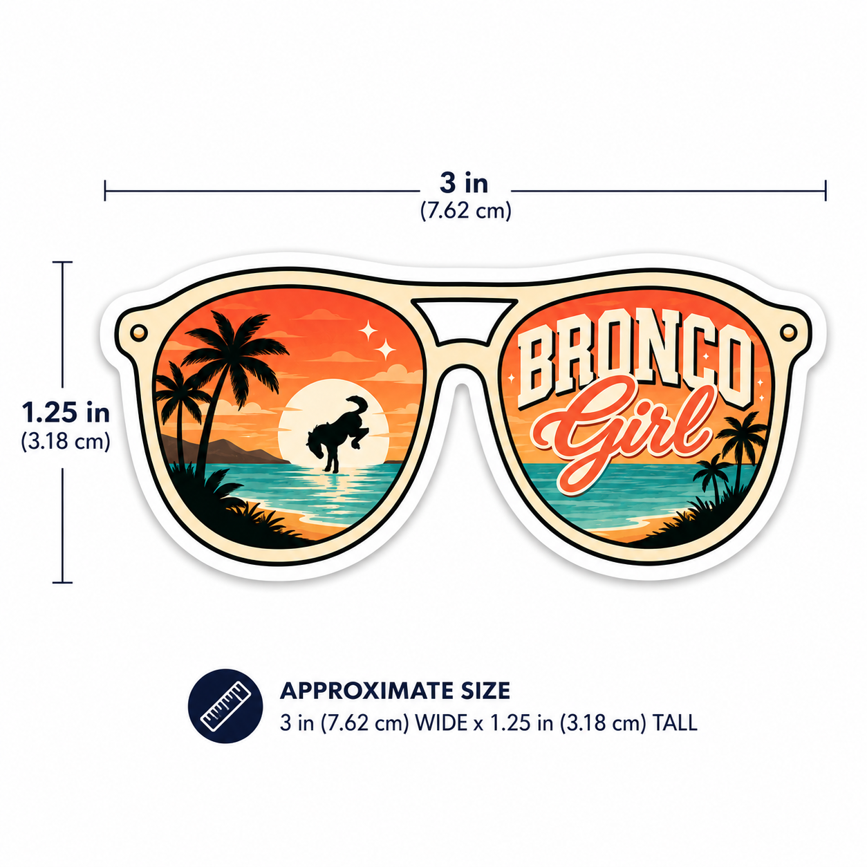 Bronco Girl sunglasses vinyl sticker featuring a coastal sunset, palm trees, ocean scene, and Bronco horse silhouette.