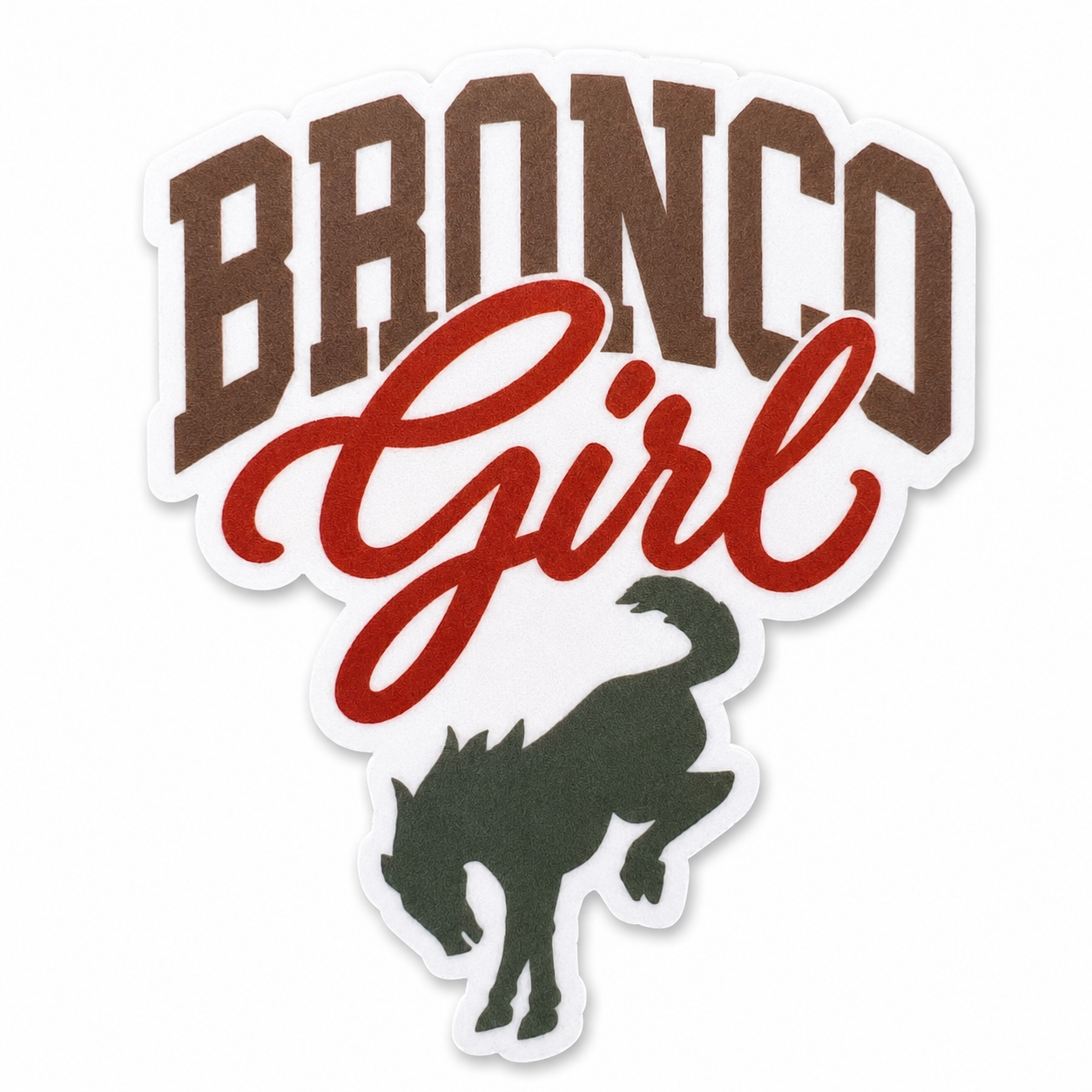 Bronco Girl Desert Sage vinyl sticker featuring taupe lettering, canyon coral script, and a sage green Bronco horse silhouette.