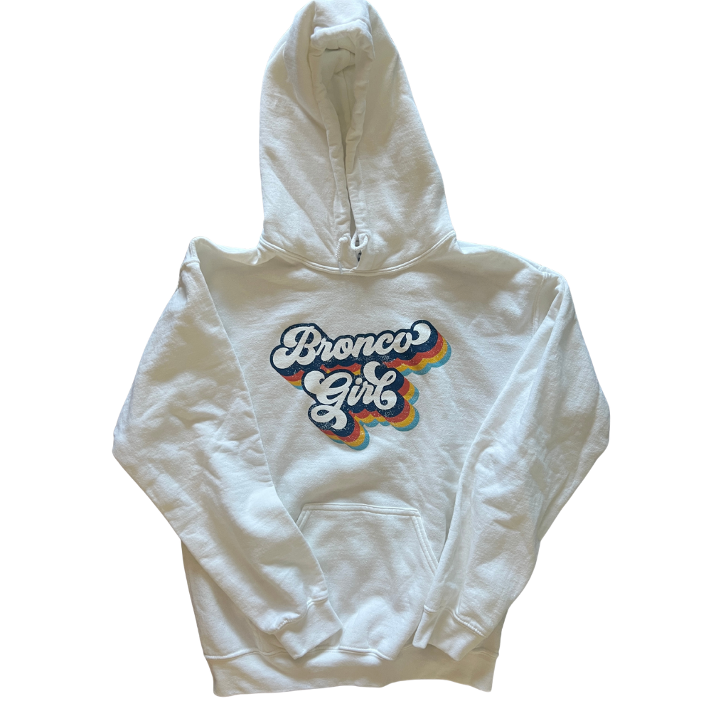 Bronco Girl Hoodie | White Retro Graphic Pullover (Gildan)