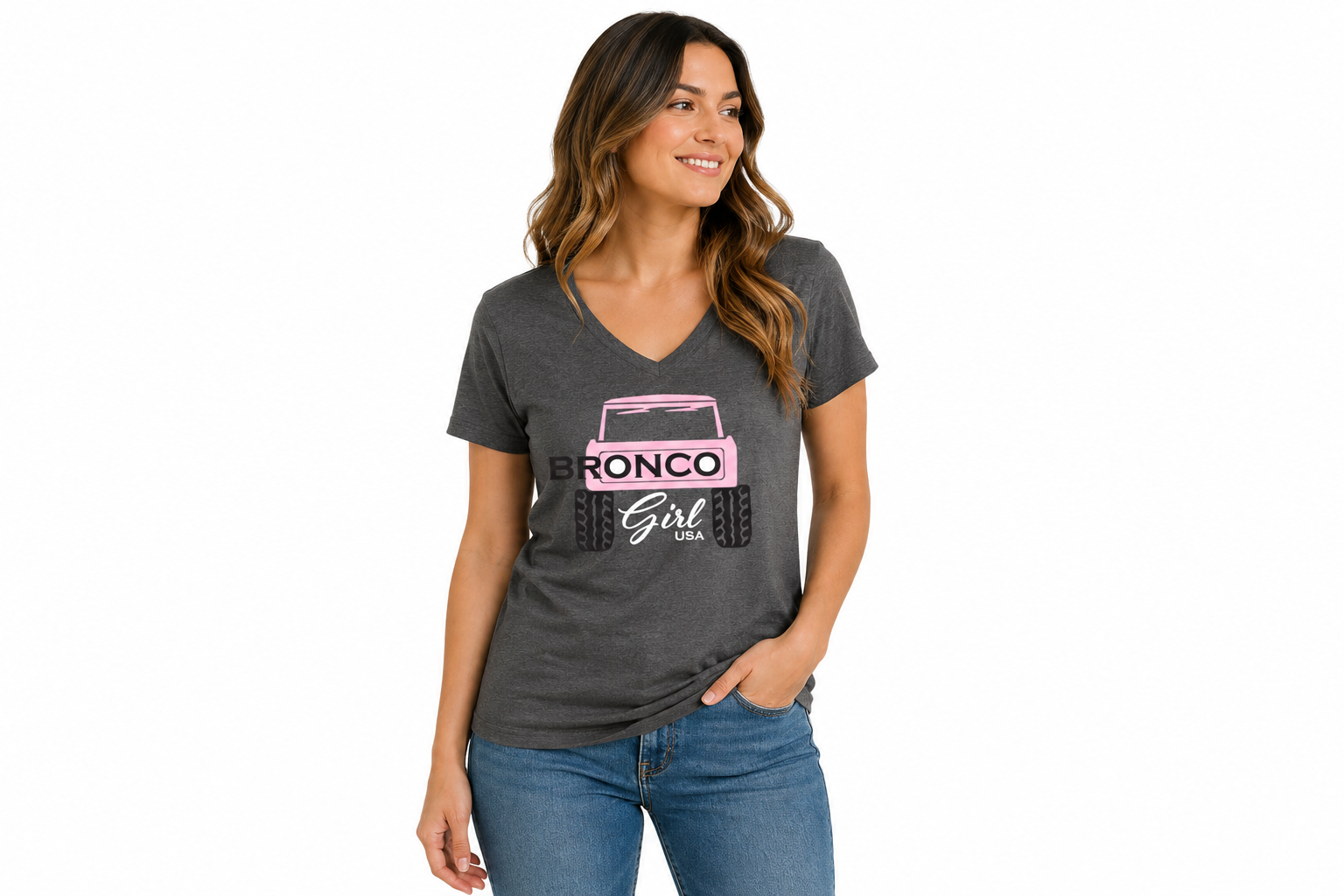 Pink Vintage Bronco Girl USA Graphic | Perfect Tri V-Neck Tee | Black Frost