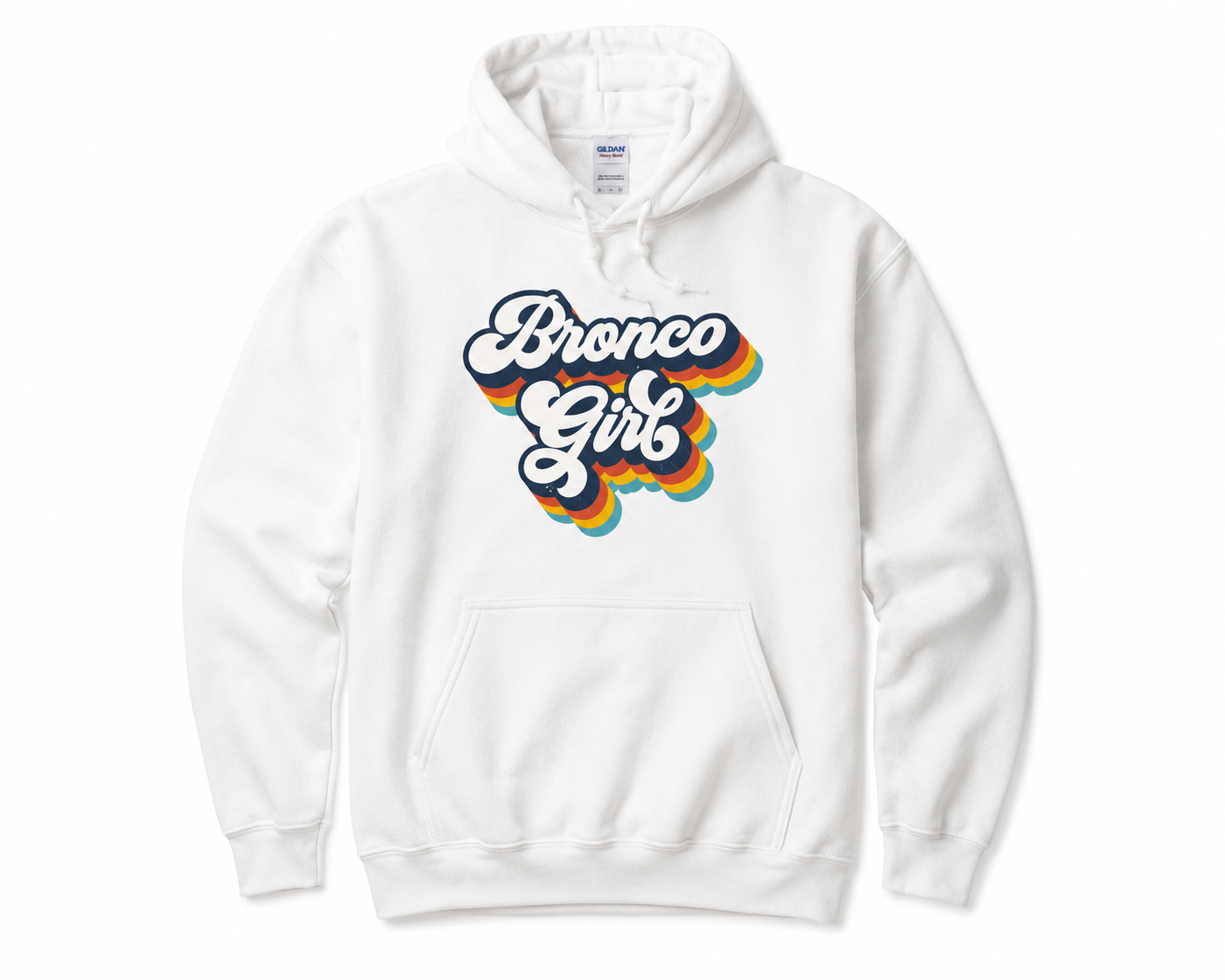 Women's white Bronco Girl hoodie with retro rainbow graphic, vintage-inspired lettering, and colorful sunset design on a Gildan Heavy Blend pullover