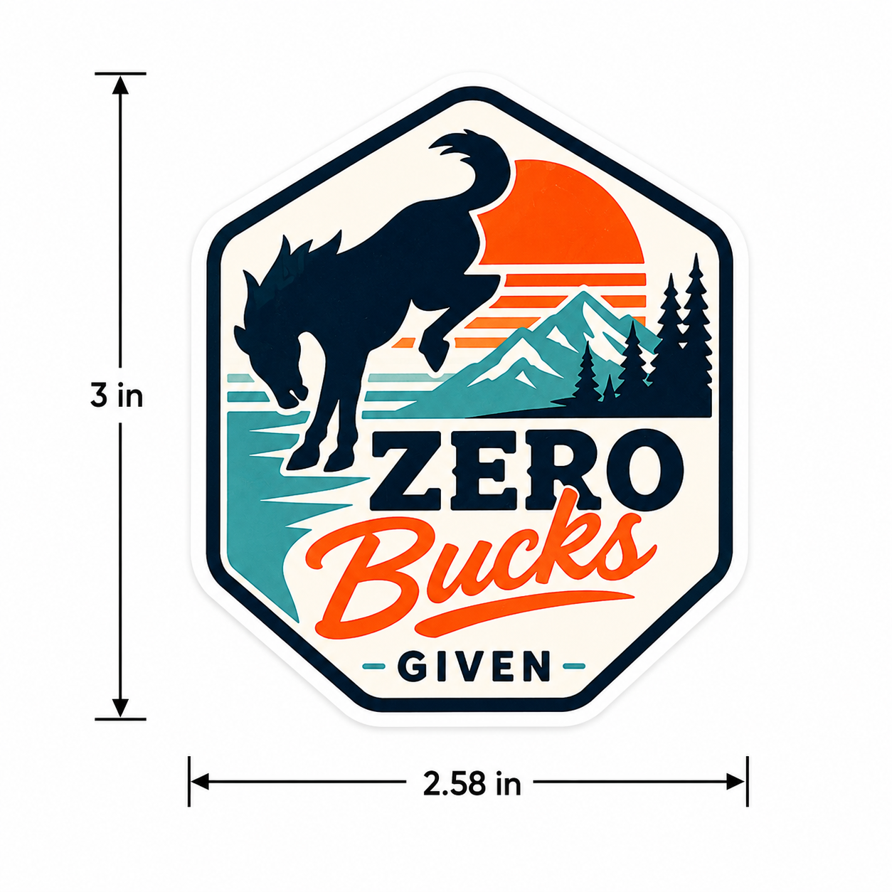 Zero Bucks Given Bronco vinyl sticker featuring a Bronco horse silhouette, mountains, and retro sunset design.