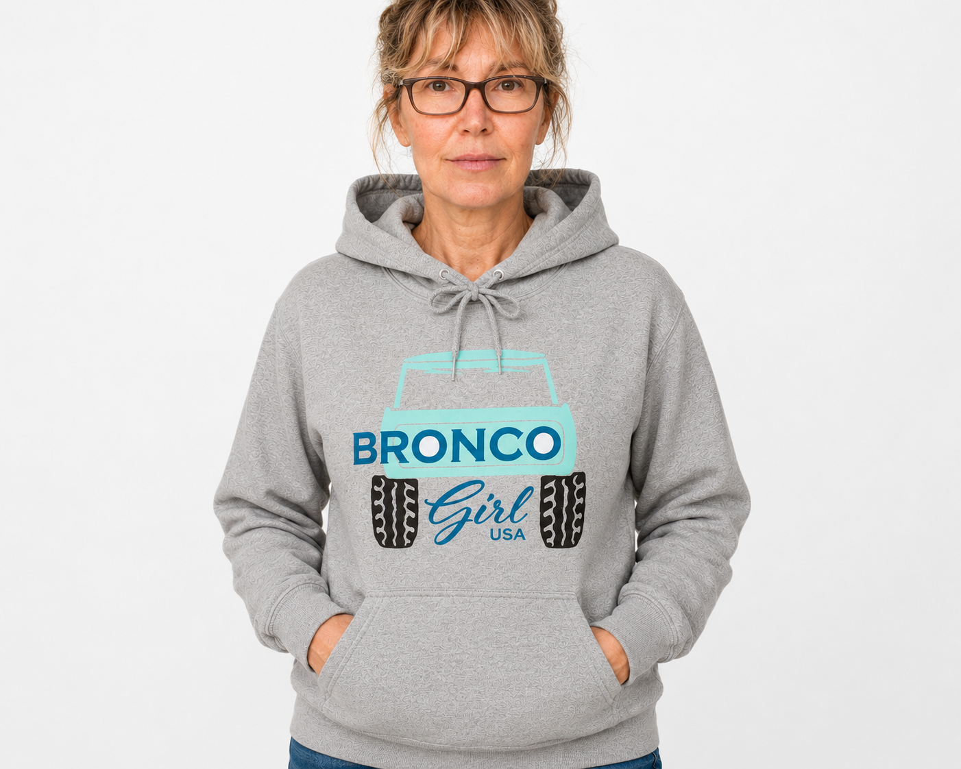 Bronco Girl USA Teal Graphic | Grey Heavy Blend Hoodie