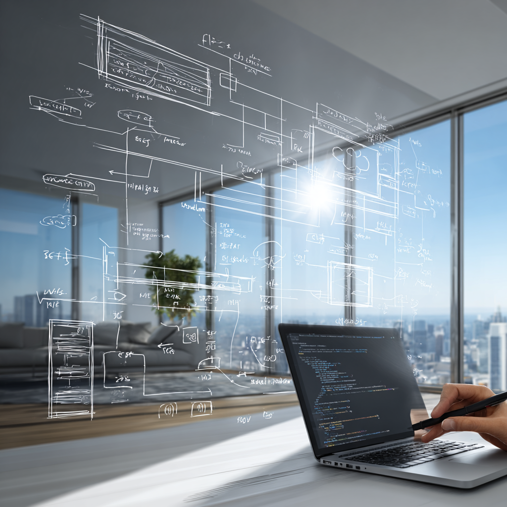 Ein Mensch arbeitet mit einem Laptop, auf einer glasscheibe vor ihm sind technische Zeichnungen und Diagramme in weißer Tinte gezeichnet, mit Blick auf Hochhäuser im Hintergrund durch Fenster.