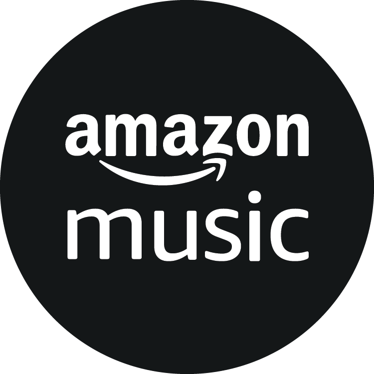 Amazon Music logo with white text and a curved arrow on a black circular background.