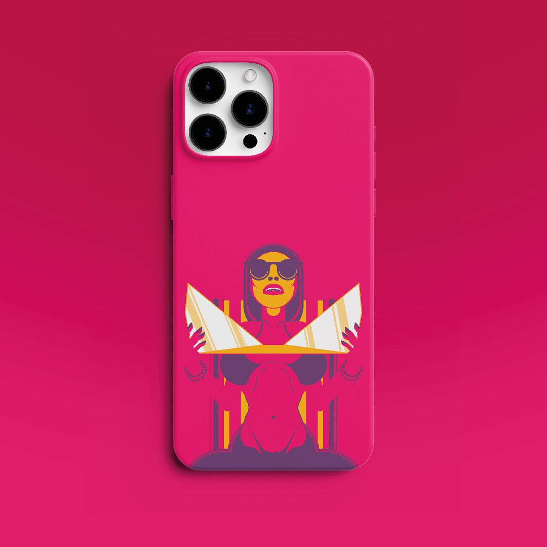 Pink phone case with graphic of a woman wearing sunglasses and a bikini, holding a large map, against a matching pink background.