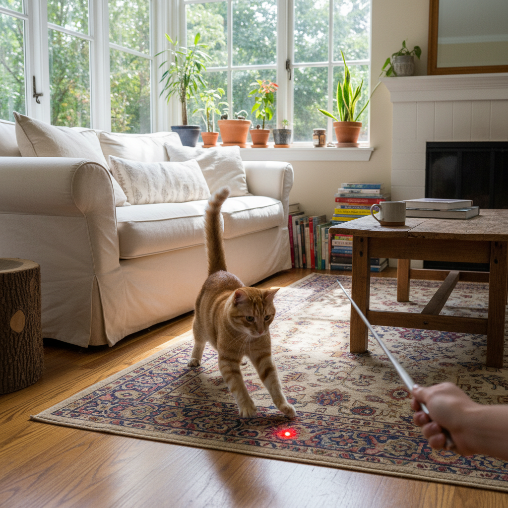 Ein Wohnzimmer mit einem weißen Sofa, mehreren Pflanzen auf der Fensterbank, einem Couchtisch mit einer Tasse und Büchern, einem Bücherstapel am Boden und einem roten Laserspot, auf den ein gestreifter orange-weißer Katze martialisch reagiert.