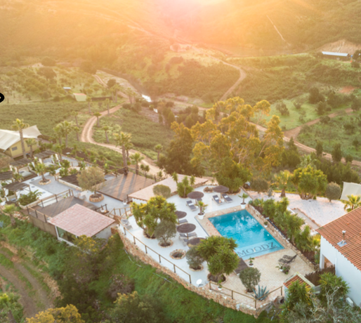 Aerial view of a swimming pool area surrounded by lounge chairs, palm trees, and buildings with red-tile roofs, set in a lush green hilly landscape during sunset.