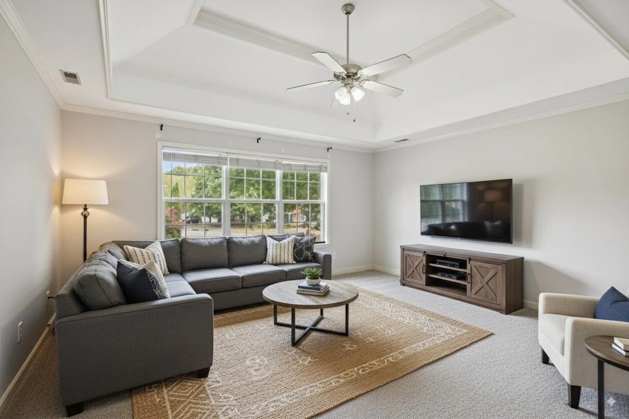 Living room with a gray sofa, a round coffee table, a TV on a wooden stand, a white armchair, a floor lamp, large window with blinds, ceiling fan, and beige area rug.